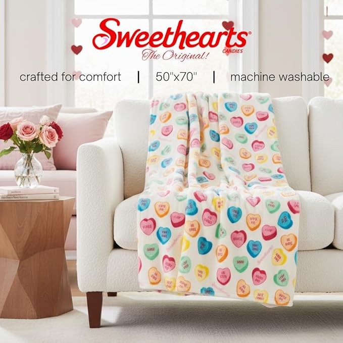Sweethearts Candy Hearts Bedding Super Soft Plush Cozy Throw Blanket, 50 in x 70 in, (Officially Licensed Product) by Franco Collectibles