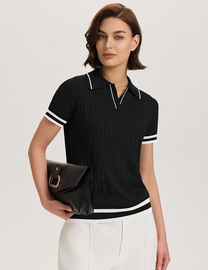 Micoson Womens Short Sleeve Sweater Tops Lapel V Neck Polo Shirts 2026 | Summer Cable Knit Loose Blouses, Business Casual Outfits