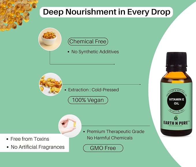 Earth N Pure Vitamin E Oil Therapeutic Grade for Skin, Hair and Nails with Glass Dropper 30 ml