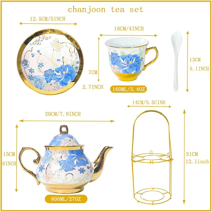 CHANJOON Gold Plated Red Rose Ceramic Tea Set, Vintage Tea Sets with Teapot, Beautiful Tea Set Coffee Serving 6 People (Blue Rose, large)