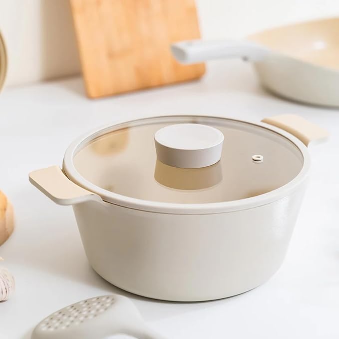 NEOFLAM Vulcan Ivory Double Handle Stockpot with Glass Lid, 4Qt (9.5") Cast Aluminum, Lightweight Ceramic Nonstick Pot, PFAS PFOA Free, Dishwasher Safe, Induction Ready, Made in Korea