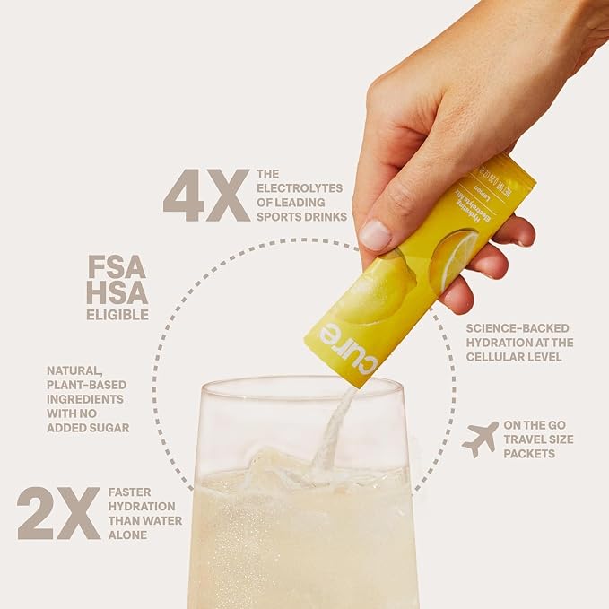 Cure Hydration | Plant-Based Electrolyte Drink Mix | No Added Sugar | Dehydration Relief Powder Made with Coconut Water | Non-GMO | Vegan | Pouch of 28 Packets - Lemonade