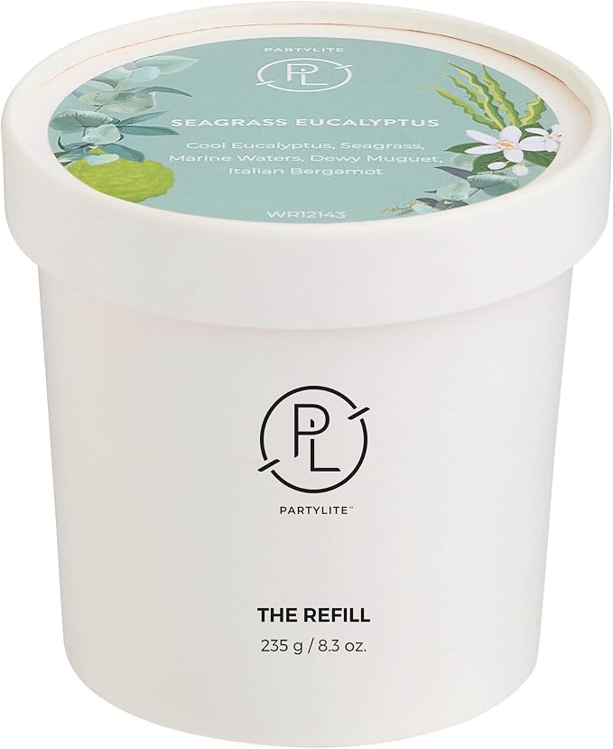 PartyLite Seagrass Eucalyptus Scented Candle Refill, Notes of Eucalyptus, Lemon, Seagrass & Driftwood, 10oz 1-Wick, up to 40 Hours of Luxury, Aromatherapy, Sustainable Premium Soy Wax