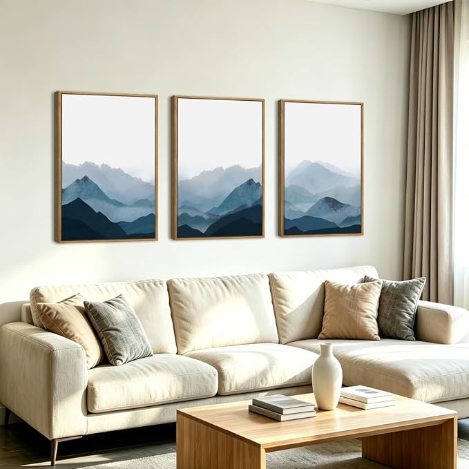 BINCUE Large Blue Mountain Wall Art Fog Blue Ridge Mountains Artwork for Living Room Bedroom Office 24x36 Inch Set of 3
