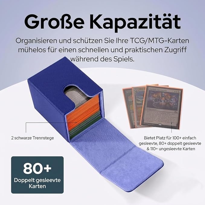 MTG Commander Deck Box with 2 Dividers – Fits 100+ Single Sleeved Cards, Strong Magnet Deck Case for Magic: The Gathering, Premium PU Leather Storage for TCG CCG (Blue)