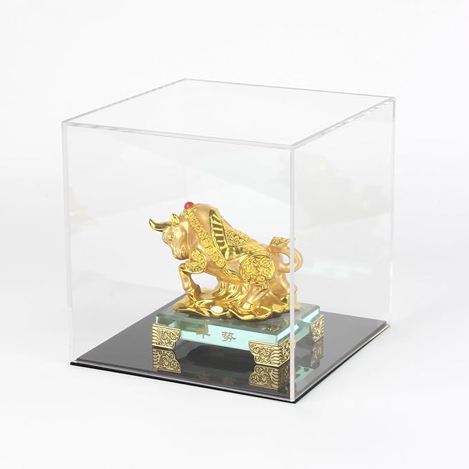 Fully Assembled Acrylic Display Case with Black Base, Clear Cube Dustproof Acrylic Display Box for Collectibles, Alternative Glass Case with Black Stand for Display, 6x6x6Inch