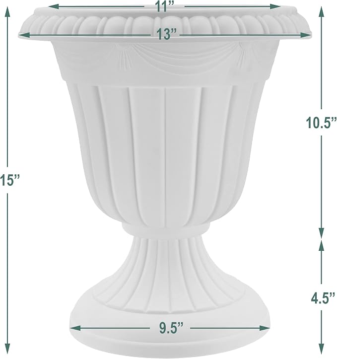 Arcadia Garden Products PL10BK Classic Traditional Plastic Urn Planter Indoor/Outdoor, 15" x 13", Black