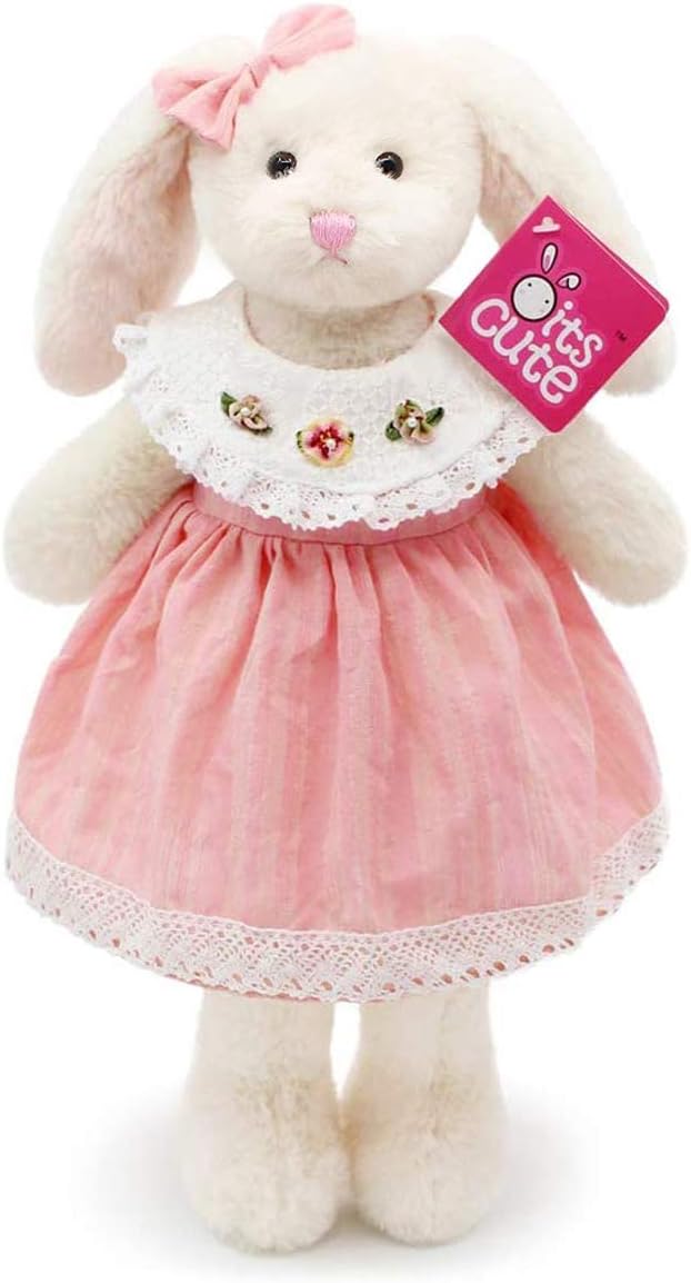 Small Soft Stuffed Animal Bunny Rabbit Plush Toy for Baby Girls 15inch (White Rabbit Wearing Pink Lace Dress)