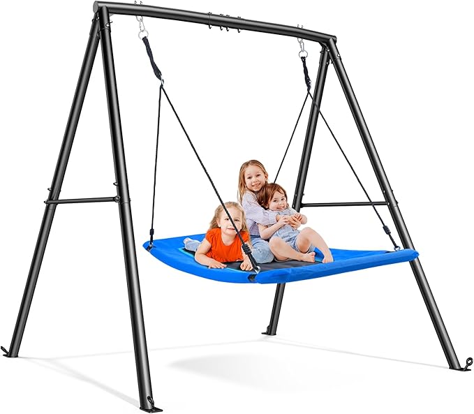 Trekassy 60" Large Platform Saucer Swing with Frame for Kids Outdoor, 440lbs Swing Set with Heavy Duty Metal Swing Stand for Backyard, Outdoor Kids Play Equipment (Black Frame + Blue Swing)（Patented）