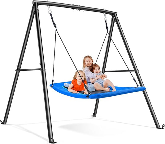 Trekassy 60" Large Platform Saucer Swing with Frame for Kids Outdoor, 440lbs Swing Set with Heavy Duty Metal Swing Stand for Backyard, Outdoor Kids Play Equipment (Black Frame + Blue Swing)（Patented）