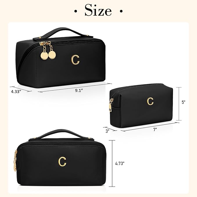 Birthday Gifts for Women Teen Girl, Personalized Initial Makeup Organizer Bag Set, Open Flat Travel Cosmetic Bag With Clear Divider and Handle(Black,C)