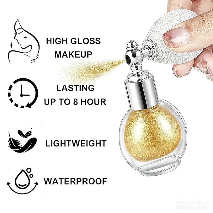Pure Gold Face and Body Highlighter Spray for Skin Shimmer Makeup, 0.14oz | High Gloss Powder, Waterproof Glow Glitter Spray for Women Mardi Gras Singer Concert Music Rave Festival Outfits Accessories