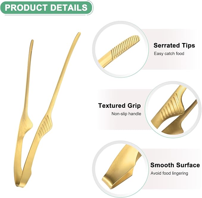 M METERXITY 5 Pcs Korean and Japanese BBQ Tongs 9.5 Inch Barbecue Tongs 430 Stainless Steel Kitchen Self-Standing Grill Non-Slip for Grill/Salad/Camping/Cooking [Gold]