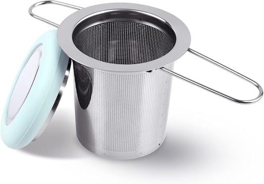 Tea Infuser Stainless Steel Tea Strainer Folding Handle Tea Filter Extra Fine Mesh Strainer Brewing Basket with Lid for Loose Leaf Tea (Light Blue) …