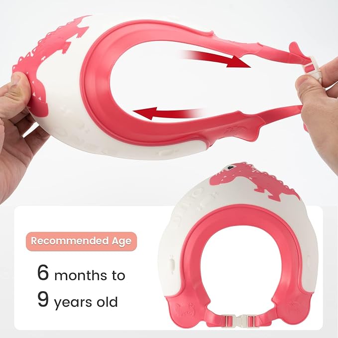 FUNUPUP Baby Shower Cap for Kids, Baby Bath Shampoo Visor Cap Hair Washing Shield Adjustable Silicone Bath Hat for Toddler Girls and Boys (Dinosaur,Red)