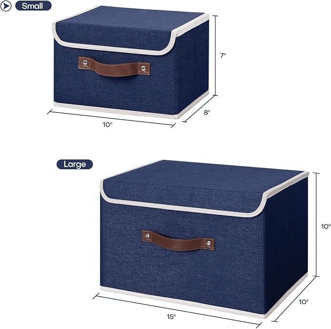 ANMINY Fabric Storage Box Bins with Lids, Blue, 10"x8"x7" | Keepsake Memory Storage, Cotton Linen, PP Board Reinforced, Washable, PU Handles, Foldable & Stackable, Decorative, Small