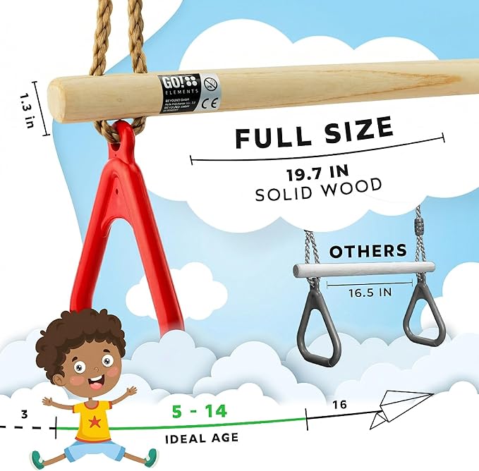Trapeze Swing Bar for Kids Indoor & Outdoor | Adjustable Trapeze Bar with Rings for Swing Set | Hanging Gymnastics Bar for Monkey Bars, Ninja Course & Play Set