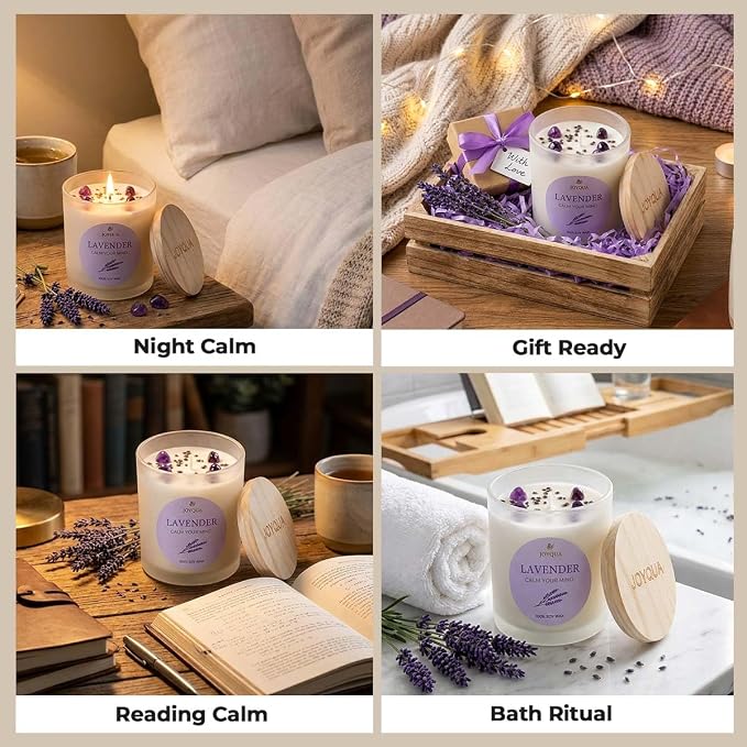 Meditation Candle Gift, 9 oz Lavender Crystal Candle, Wood Lid