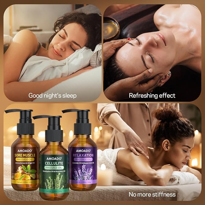 Massage Oil for Massage Therapy, Arnica & Ginger Oil, Lavender & Mint Oil, Eucalyptus & Rosemary Essential Oils, Sore Muscle Relief, Anti Cellulite, Relaxation, Body Massage Oils Spa Gift Set, 10.5oz