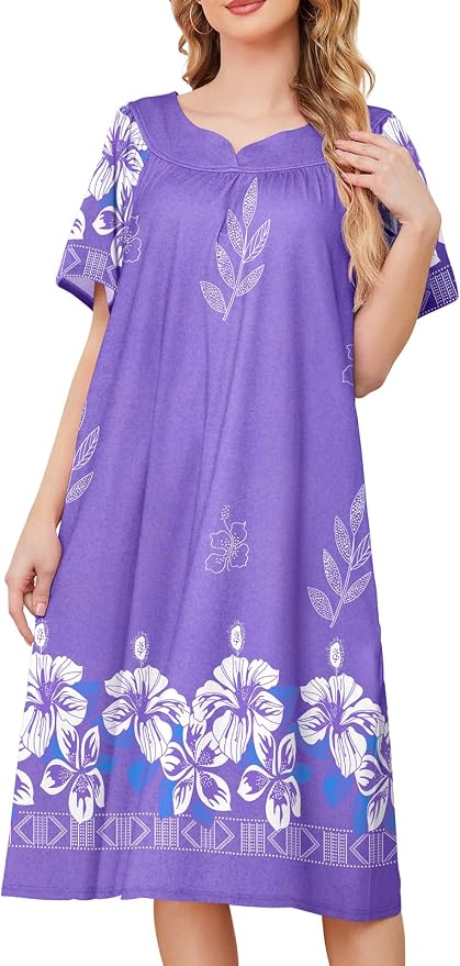 House Dresses for Women with Pockets Moo Moo Nightgown Short Sleeve Mumu Dress Lounge Dress S-3XL
