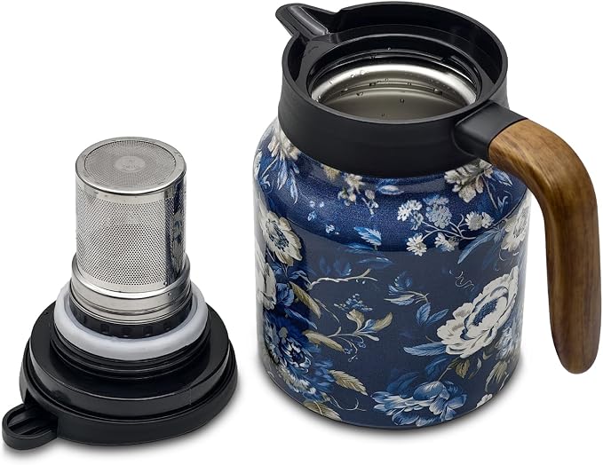 35 OZ Camellia Vintage Floral Tea Pot with Infuser, Large Capacity Insulated Stainless Steel Tea Kettle, 12 Hour Hot/Cold Retention, Tea-Water Separation Loose Leaf Tea Steeper for Hot Drinks