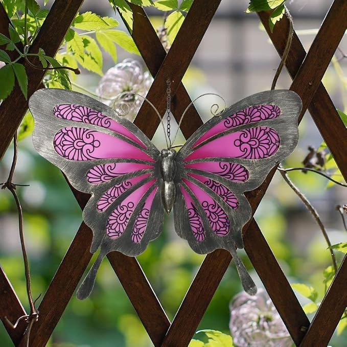 LIFFY Metal Butterfly Wall Decor, 12" Glass Butterfly Wall Art for Outdoor, Hanging Garden Decorations for Yard Fence Patio