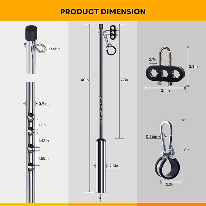 40” Swivel Pogo Stick for Semi Truck & Air Brake Line, Heavy Duty Stainless Steel with Clamp, 3 Hole Clamp, Lock Screw - 2Pcs