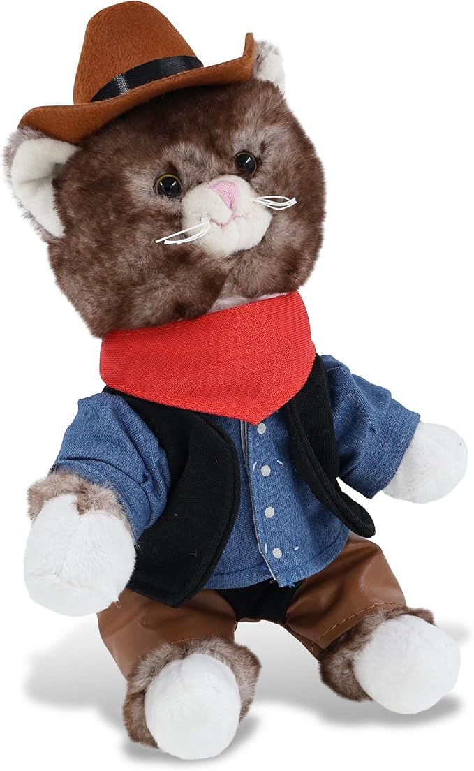 DolliBu 7-Inch Personalized Cowboy Brown Cat Plush – Western-Themed Stuffed Animal with Denim Vest, Bandana, Leather Pants & Hat
