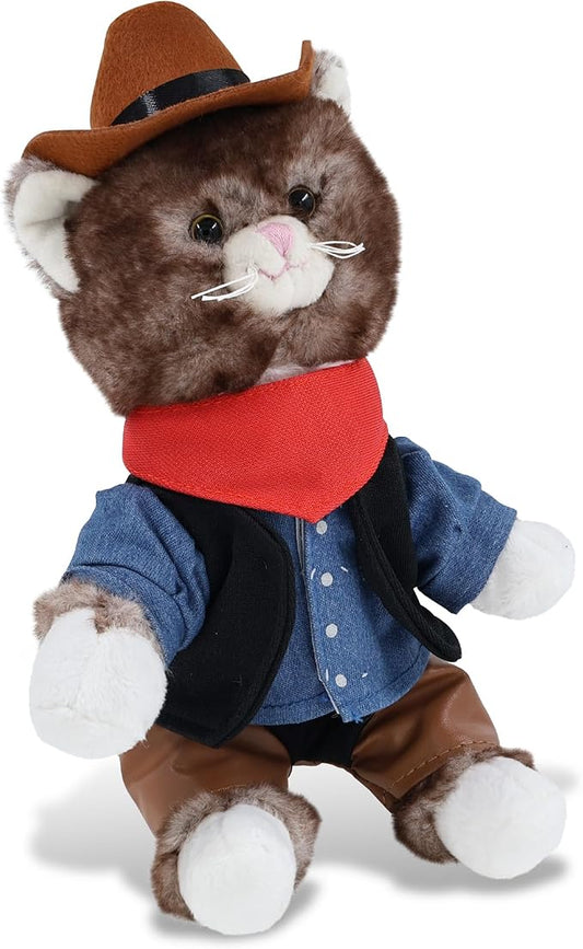 DolliBu 7-Inch Personalized Cowboy Brown Cat Plush – Western-Themed Stuffed Animal with Denim Vest, Bandana, Leather Pants & Hat