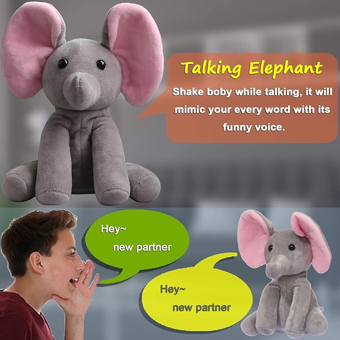 Talking Elephant, Interactive Stuffed Plush Animal Talking Toy Cute Sound Effects with Repeats Your Said Voice, Best Buddy for Kids Gift Age 3+