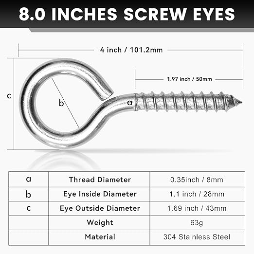 4Pcs Self Tapping Eyelet Screw Eye Bolt，4 Inch Heavy Duty Screw Eyes Hooks ，M8 Wooden Large Screw Eye Hook，Load Capacity 500 Lbs for Hammock ，Yoga，Heavy Indoor Outdoor Uses (4, M8-4 INCH)