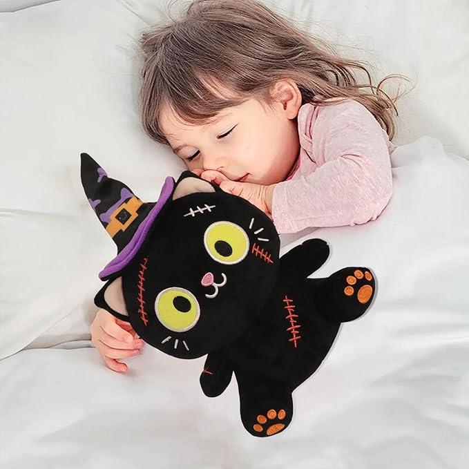 Halloween Plush Toy, Black Cat Stuffed Animal Plush Pillow, with Hat & Stitched Wound Halloween Plushies Toys for Adults and Kids, Birthday Party Favor Home Decor