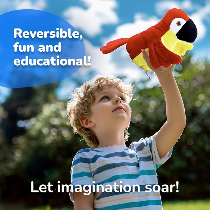 Red Macaw (Parrot) - Reversible Stuffed Animal, Small Plushies - Soft & Cuddly Plushie - Sensory Toy, Eco Friendly, Educational - Egg to Red Macaw - kids Pushies – Coloring TAG - Gift for All Ages