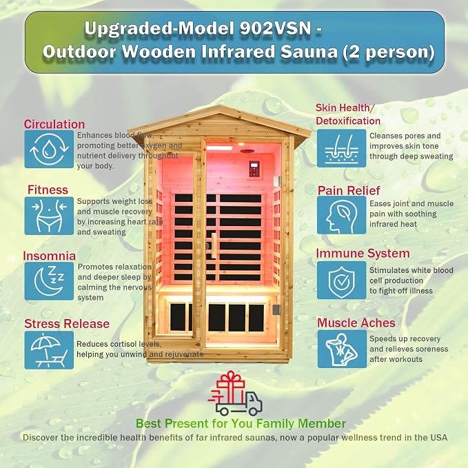 Upgraded Outdoor Sauna 902VSN Far Infrared Saunas, Outdoor Wooden Dry Sauna Low EMF Hemlock Wood (Upgraded Outdoor 2 Person)