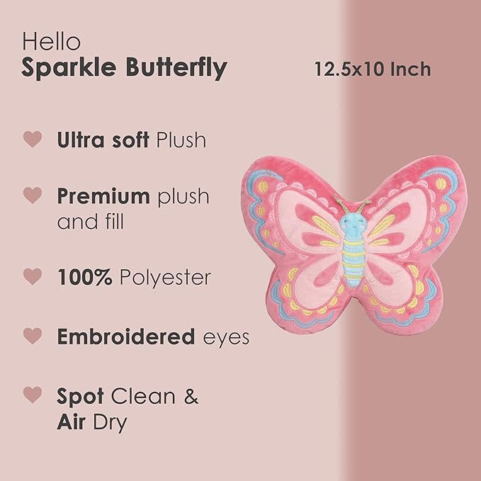 MON AMI Sparkle Butterfly Decorative Plush Throw Pillow - 12.5x10”, Soft Cushion, Stuffed Toy Décor Gifts for Kids of All Ages, Nursery Décor