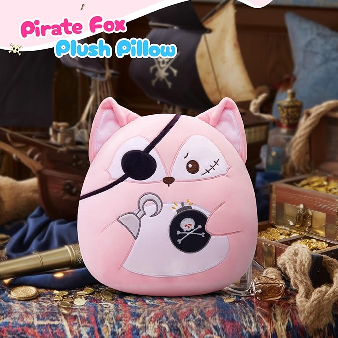 Pirate Fox Plush Pillow - Cute Pink Pirate Fox Stuffed Animal, Soft Plush Toy Gift for Kids, Boys & Girls,13inch