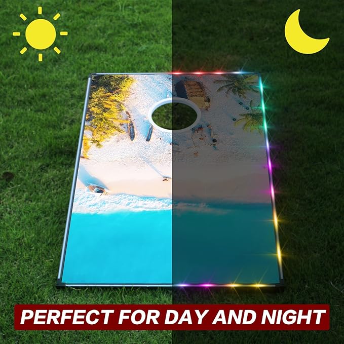 LED Cornhole Set, 3 x 2ft / 4 x2 ft Cornhole Board Game Set, Corn Hole Outdoor Game, Multi-Design with Light-Up Border, 8 Bean Bags, Carrying Case for Backyard, Beach, Lawn