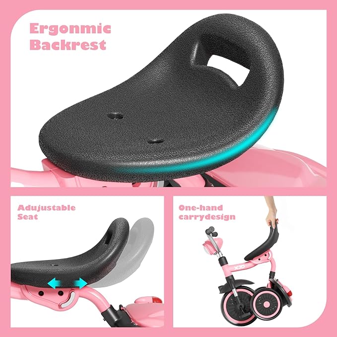 XJD Toddler Tricycle, Foldable Toddler Bike with Pedals, Tricycle for 2-5 Year Olds, Adjustable Comfortable Seat, Christmas Birthday Gifts for 1-5 Years Old Boys and Girls (Pink)