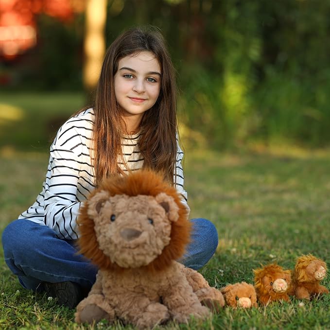 Tezituor 4 Piece Lion Plush Set 17.7 Inch Large Lion Stuffed Animals, Back Zipper Unzip Inside 3 Cute Little Lions, Soft Cuddle Lion Plush Boys Girls Birthday Gift Forest Party Decoration