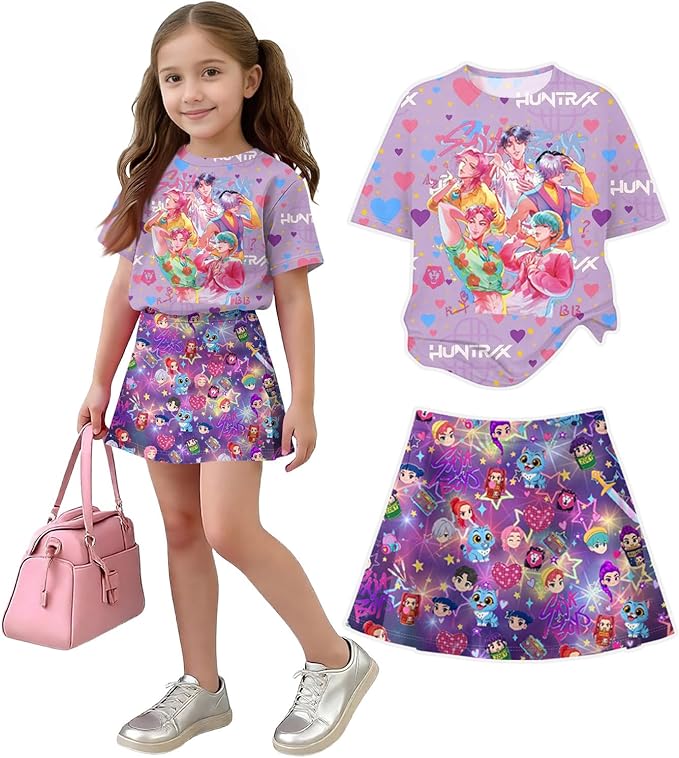 Girls 2-Piece Anime Outfit Set, Short Sleeve Graphic T-Shirt and Printed Skirt Set
