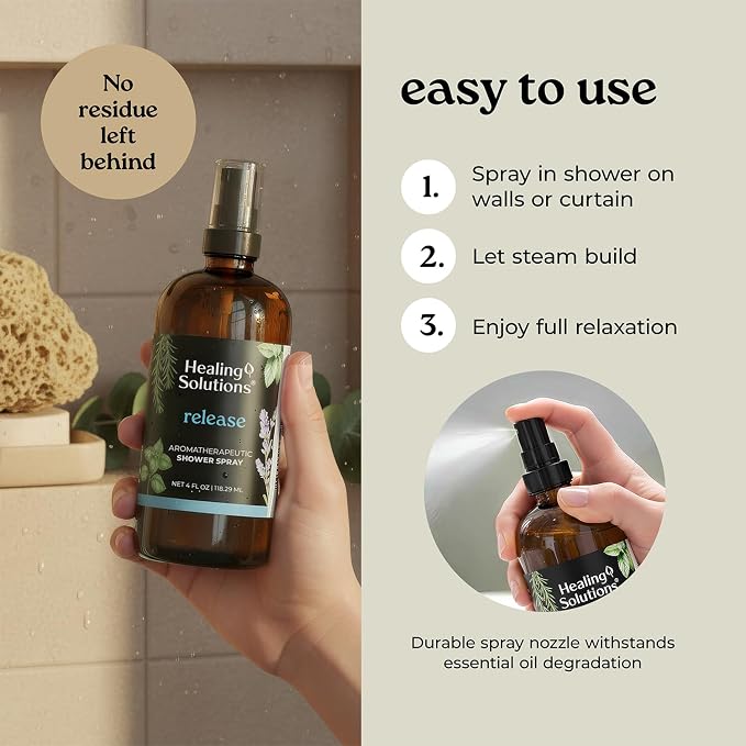 Healing Solutions Aromatherapy Shower Spray, Release Blend, 4oz, Therapeutic Grade Essential Oils, Made in the USA, At Home Spa Experience. Promotes Head Relief (4oz, Release)