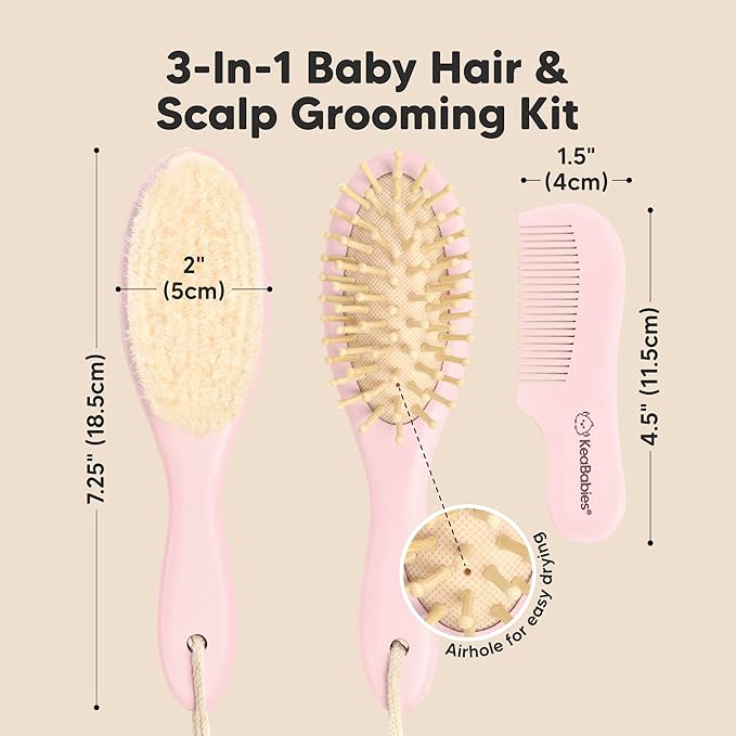 Wooden Baby Hair Brush Set for Newborns, Toddlers - Soft Goat Bristle Baby Brush and Comb Set Newborn Grooming Kit for Cradle Cap Care, Durable & Gentle, Boy, Girl Infant Essentials (Regular, Blush)