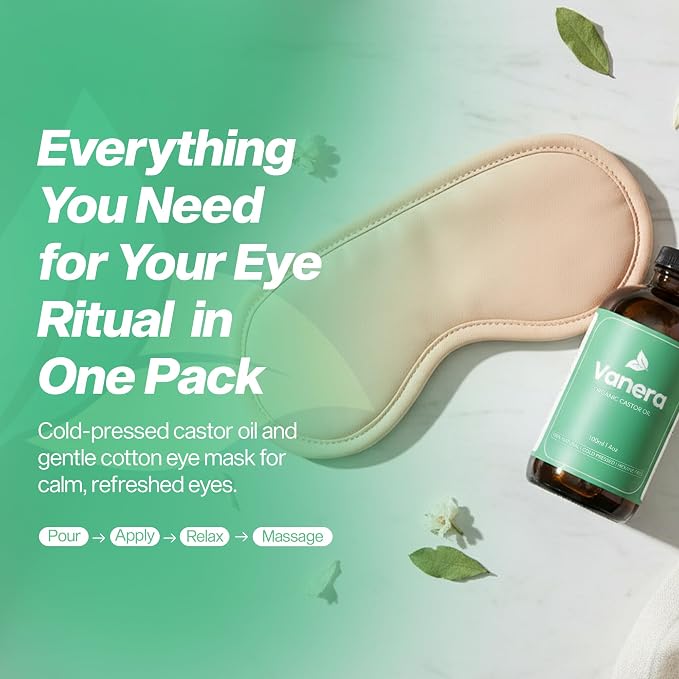 Castor Oil Eye Mask – 100% Certified Organic Castor Oil, Reusable brow mask for Sleep with Soft Cotton Eye Pads