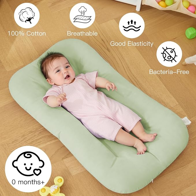 Baby Lounger for Newborn, Bionic Design Baby Lounger, Soft Organic Cotton Breathable Lounger for Infants 0-24 Months (Green)
