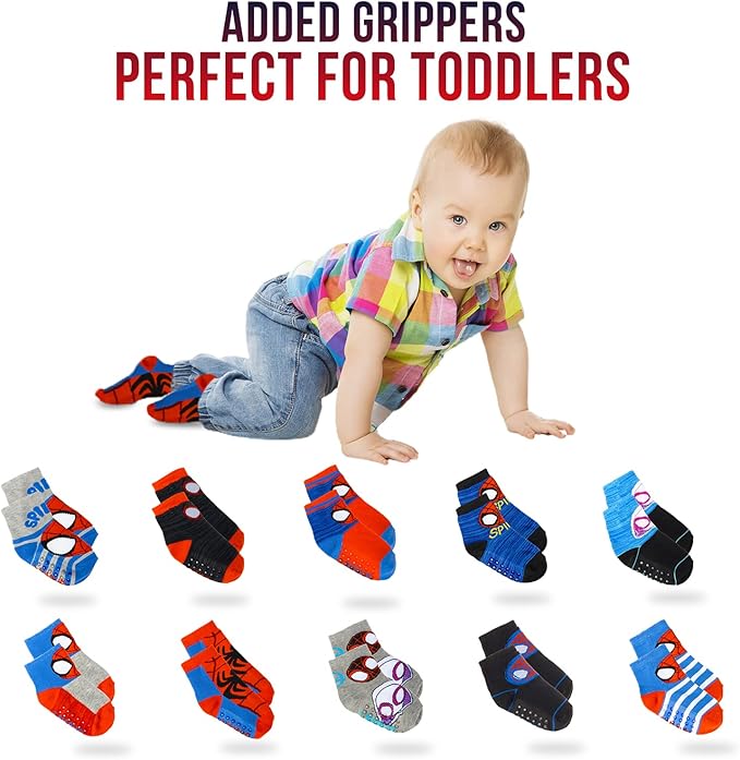 Marvel Spiderman Grip Socks, 10 Pack, Toddler Boys, Ankle Length, Multicolor, Small