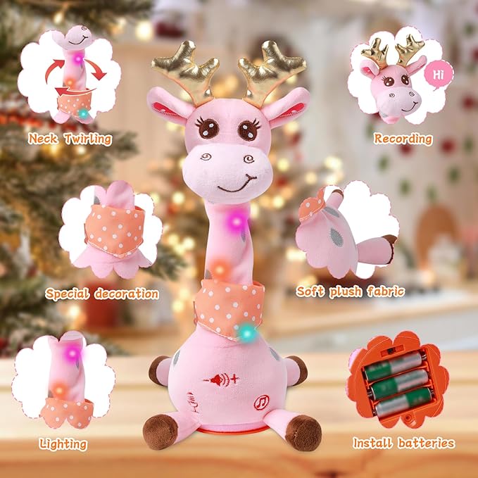 LUKETURE Dancing Talking Singing Pink Giraffe Stuffed Plush with Golden Antlers,Interactive Stuffed Animal Toy, Musical Plush with Record & Repeat, Sings 10 Songs, LED Lights