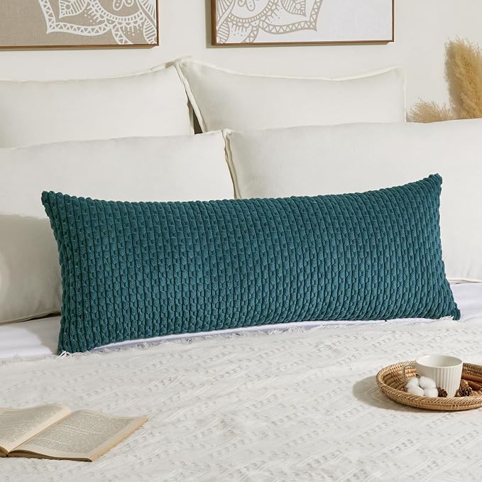 Kevin Textile Soft Corduroy 14"x36" Lumbar Pillow Cover 1 Pack, Teal Blue | Boho Stripe Plush Corduroy Decorative Oblong Cushion Cover Modern Farmhouse Home Decor for Sofa Couch Bed Chair