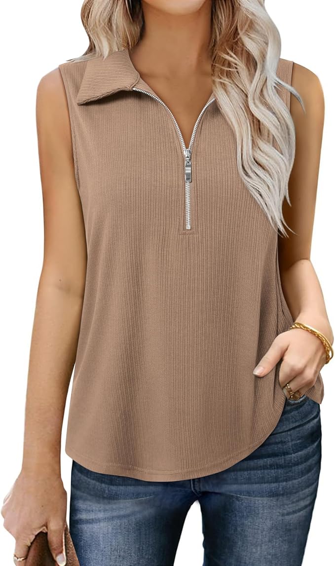 Vivilli Womens Ribbed Tank Top Zipper V Neck Dressy Casual Blouses Sleeveless Camisole Tops Work Tank Polo Shirts