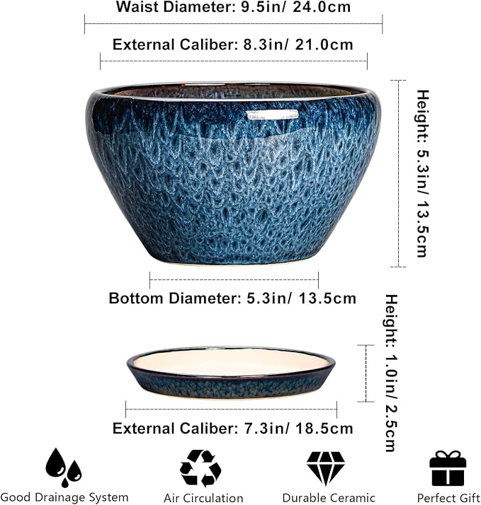 Ceramicfor Ceramic Pots for Plants - 9 Inch Plant Pot Indoor with Drainage Hole and Saucer, Ceramic Planters for Outdoor Plants, Round Modern Flower Pot, Housewarming Gifts, Home Decor, Blue