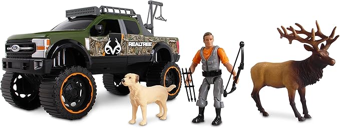 NKOK Realtree Camo 1/18 Scale Free-Wheel 8-PC Play Set, Ford F-250 Super Duty w/Accessories: Roll Bar, Roof Rack, Light Bar, Working Doors and Tailgate, Game Hoist, Hunter, Bow&Arrows, Dog & Elk